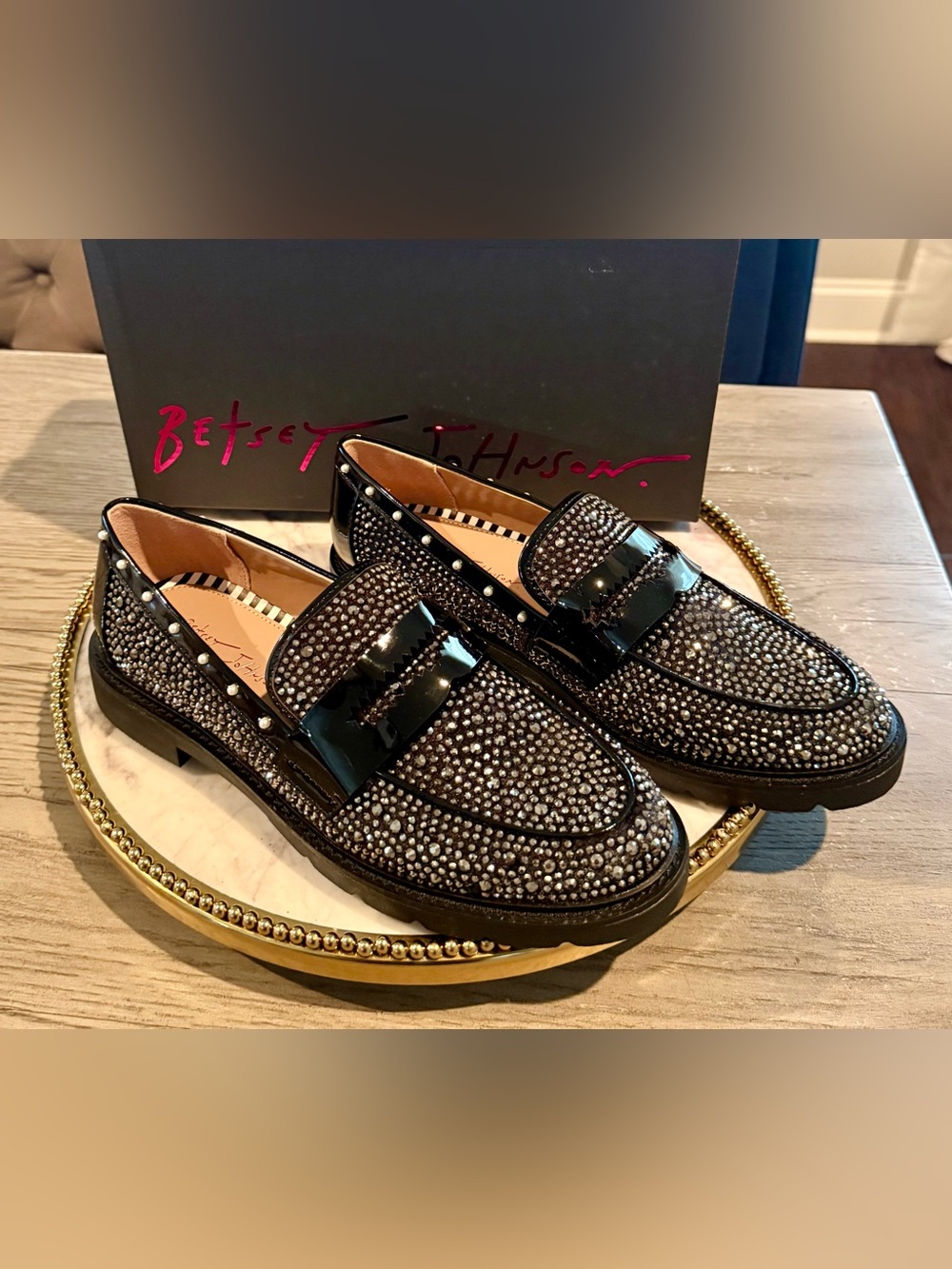 Betsey Johnson Black Rhinestones Tailored Patent Loafers | Sz. 8.5 (NWB)